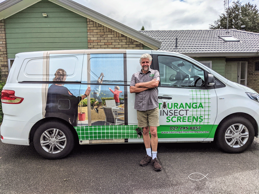 Rick standing in front of his service van. installing fly screen doors Tauranga